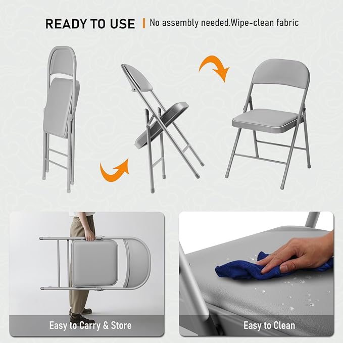 SEALAMB 16 Pack Grey Folding Chairs with Padded Seats & Cushion, Durable Metal Foldable Chairs for Wedding Party, Commercial Chairs for Office School Church Events, 330lb Capacity (Grey-PU, 16 Pack)