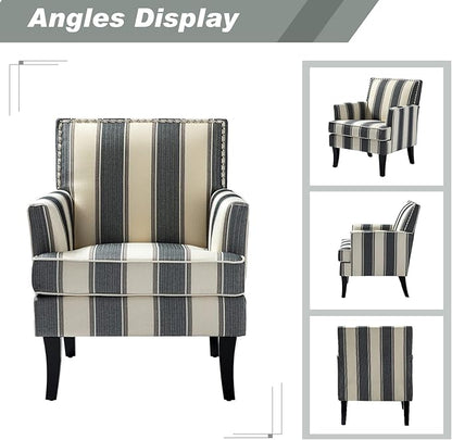 HULALA HOME Modern Accent Chairs Set of 2, Farmhouse High Back Striped Chairs with Wooden Legs & Nail Head Trim, Comfy Upholstered Armchairs for Living Room/Bedroom (Stripe Black)