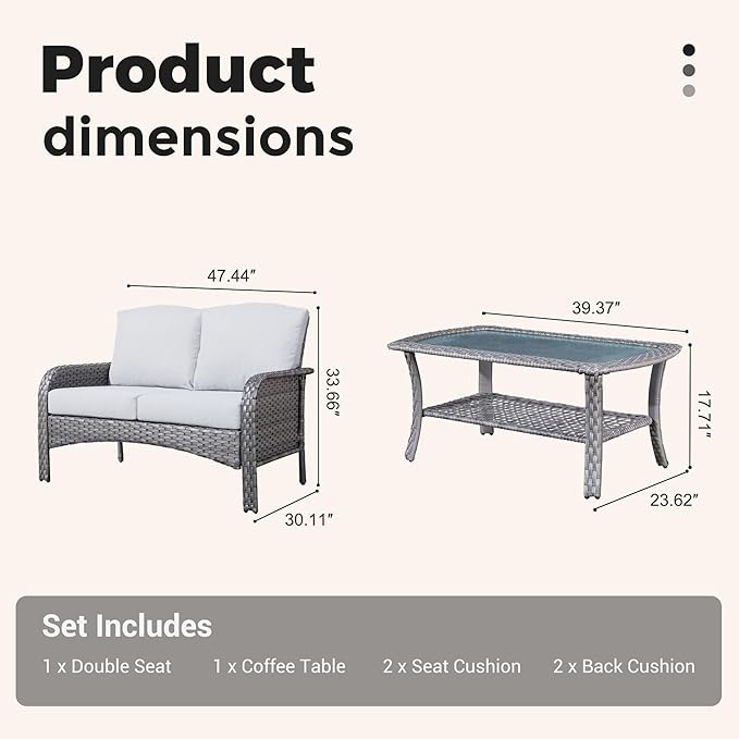 2 Pieces Wicker Patio Furniture Loveseat with Table - Outdoor Rattan Patio Bistro Set of 2,All-Weather PE Wicker Conversation Sofa High Back Deep Seating for Deck Porch Yard, Light Grey
