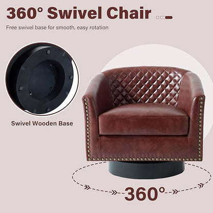 Pia Ricco Faux Leather Swivel Barrel Accent Chairs, 360° Swivel Round Single Sofa Chair, Comfy Upholstered Club Armchair with Nailhead Trim for Living Room/Reading Room/Bedroom, Red Brown