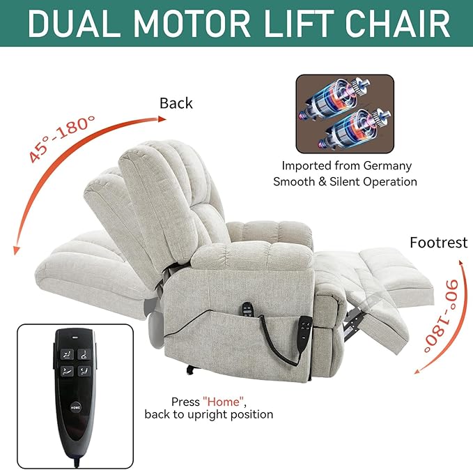 Power Lift Recliner Chair for Elderly, Oversized Chenille Electric Recliners Chairs for Living Room, Dual Motor 180° Lay Flat Recliner Big Sofa with Massage and Heating, Heavy-Duty, Beige