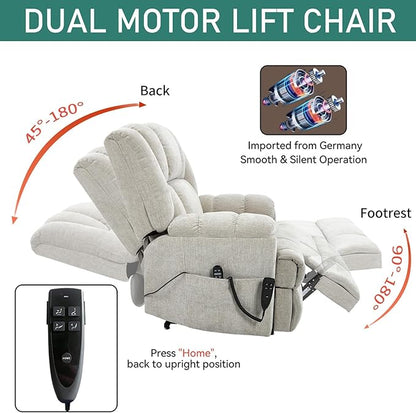 Power Lift Recliner Chair for Elderly, Oversized Chenille Electric Recliners Chairs for Living Room, Dual Motor 180° Lay Flat Recliner Big Sofa with Massage and Heating, Heavy-Duty, Beige