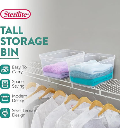 Sterilite 8.25x12.25x15 Inch Modern Polished Storage Bin w/Comfortable Carry Through Handles & Banded Rim for Household Organization, Clear (18 Pack)