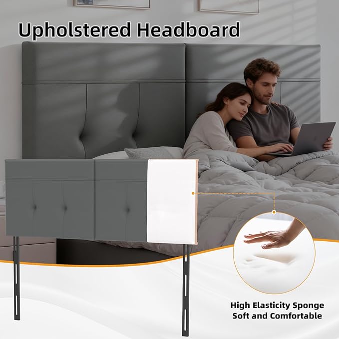King Headboard Only with Adjustable Metal Legs, Faux Leather Upholstered Headboard King Size, Modern Stylish Headboard with Sunken Dot Design, Sturdy Bed Headboard for Bedroom, Gray