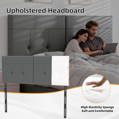 King Headboard Only with Adjustable Metal Legs, Faux Leather Upholstered Headboard King Size, Modern Stylish Headboard with Sunken Dot Design, Sturdy Bed Headboard for Bedroom, Gray
