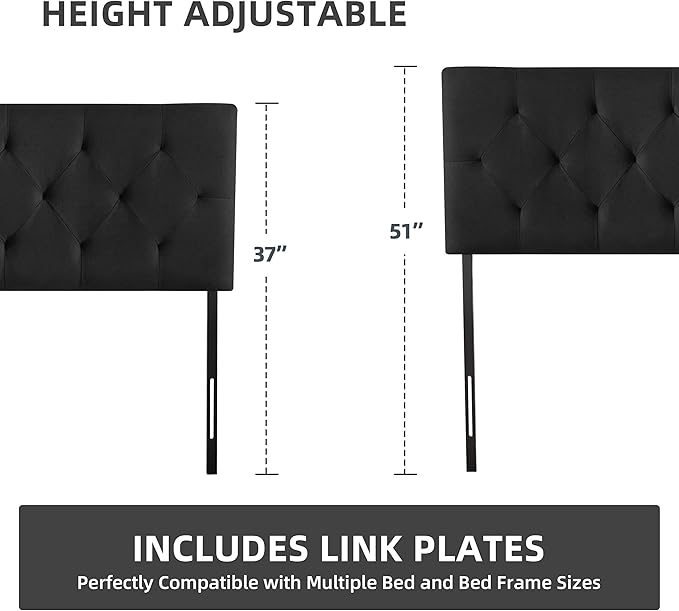 Linen Upholstered Headboard Full Size, Modern Diamond Tufting Solid Wood Full XL Headboard Only, Adjustable Height from 37” to 51” Head Board, Bed Frame or Wall Mount Headboards, Black