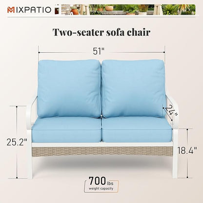 Patio Furniture Sofa, Love-Seat Patio Sofa Steel Frame Outdoor Sectional Couch with Deep Seating and 5.5” Cushions for Lawn Backyard Porch Deck, Blue