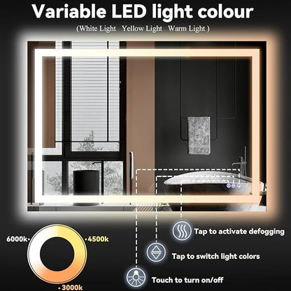 VooBang Bathroom Mirror with Lights 47 x 47 inches - 3 Adjustable Lighting Modes LED Bathroom Vanity Mirror, Anti-Fog, Memory Function, Tempered Glass, Wall Mounted Horizontally Vertically
