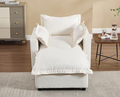 chairus 39.5" Chaise Lounge Chair Indoor with Ottoman, Upholstered Single Sofa Couch Chair Oversized Linen Reading Armchair for Living Room, Bedroom, Reception Room, Apartment, White
