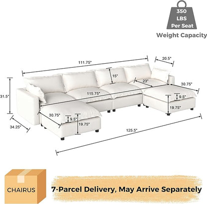 chairus 126" Modular Sectional Sofa with 2 Moveable Ottoman Upholstered Deep Seat Linen Couch Set with Soft Pillows U Shaped Sofa Couch for Living Room, Apartment, Reception Room, 4-Seater/White