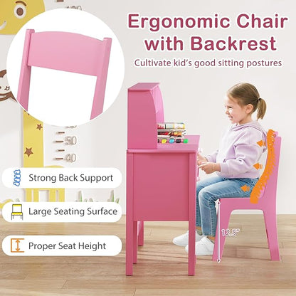 Costzon Kids Desk and Chair Set, Wooden Children Study Desk w/Hutch, Large Cabinet and Drawer for Home School Writing, Reading & Drawing, Computer Workstation Student Table and Chair for 3+ (Pink)