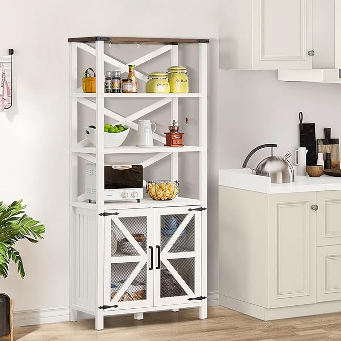 5 Tier Bookshelf 70" Rattan Boho Tall Bookcase with Barn Doors,Farmhouse Display Book Shelf with Adjustable Shelves and Storage Cabinet,Wood Bookshelves for Living Room,Kitchen,Natural (2PCS)
