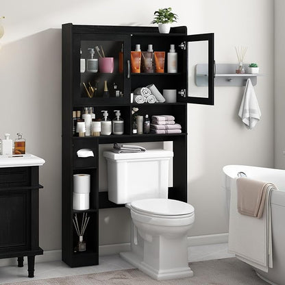 Over-The-Toilet Storage Cabinet, Farmhouse Style with 2 Acrylic Waves Doors, Space-Saving Home Storage Rack for Restroom, Bathroom and Laundry Room.Black.