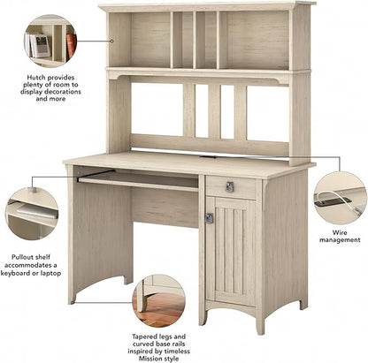 Bush Furniture Distressed Finish Options Include a Cream Colored Antique White, Pure White with Shiplap Gray, Cape Cod Gray, Vintage Black, Ash Brown, Reclaimed Pine and Driftwood Gray