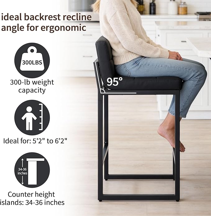 Bar Stools Set of 3, Upholstered Faux Leather Counter Height Barstools with Low Back and Thickened Metal Legs, Modern Bar Chairs for Kitchen Island, Bar, Counter (Black, 3Pcs 26" Bar Stools)