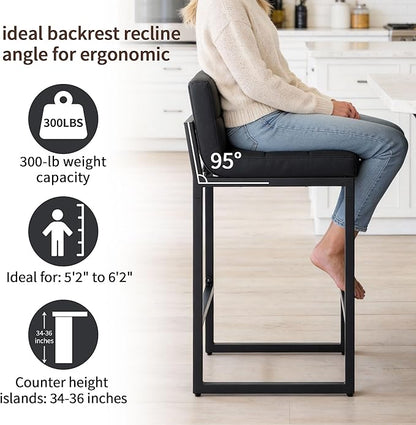 Bar Stools Set of 4, PU Leather Counter Height Barstools with Low Back and Thickened Metal Legs, 26 Inch Modern Island Chairs for Kitchen Island, Bar, Counter (Black, 4Pcs 26" Bar Stools)