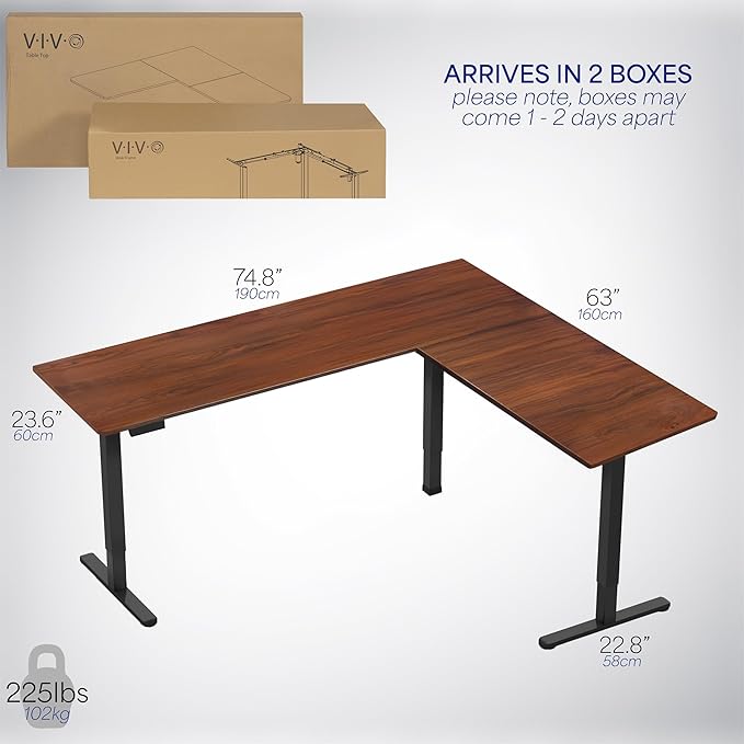 VIVO Corner Standing Desk, 75 x 63 inch Reversible L-Shaped Workstation, Electric Height Adjustment, Home, Office, and Reception Rooms, Dark Walnut Table Top Black Frame, DESK-E3CTD-75