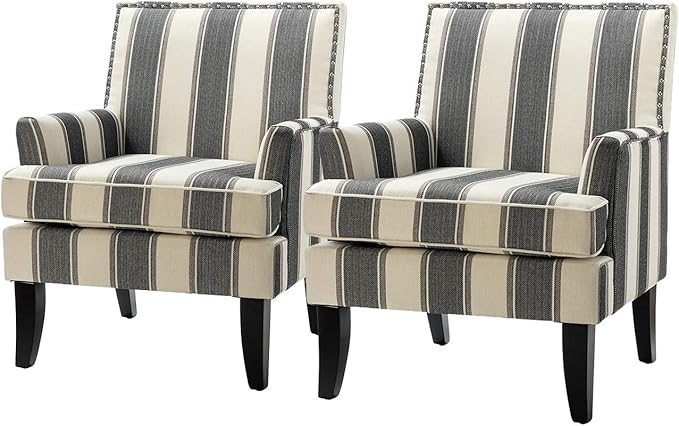 HULALA HOME Modern Accent Chairs Set of 2, Farmhouse High Back Striped Chairs with Wooden Legs & Nail Head Trim, Comfy Upholstered Armchairs for Living Room/Bedroom (Stripe Black)