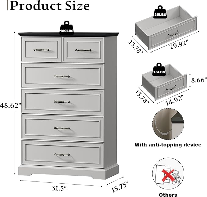 Farmhouse 6 Drawers Dresser for Bedroom, 49" Tall Modern Chest of Drawers with Deep Drawers & Bar Handles, Rustic Wood Dresser TV Stand, Wooden Closet Storage Organizer for Living Room, Hallway, White