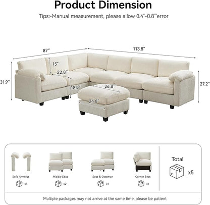 114'' V-Shaped Sectional Cloud Couch with Ottoman, 7-Seater Modular Couches for Living Room, Corduroy Oversized Deep Seat Sofa with Center Stitched, Beige