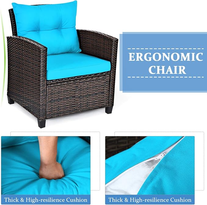 Tangkula 3 Pieces Patio Furniture Set, PE Rattan Wicker 3 Pcs Outdoor Sofa Set w/Washable Cushion and Tempered Glass Tabletop, Conversation Furniture for Garden Poolside Balcony (Turquoise)