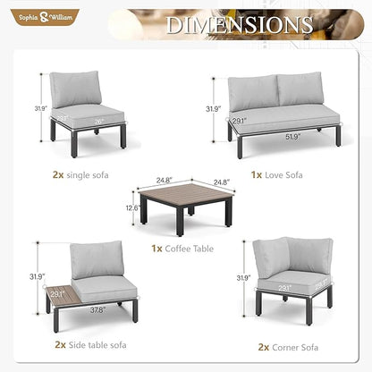 Sophia & William Outdoor Sectional Sofa, 9 Piece Metal Patio Furniture Set, Modular Patio Conversation Set-2 x Single Sofa with Side Table, 4 x Single Chairs, 1 x Loveseat, 1 x Tea Table