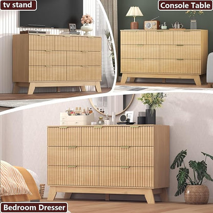 Fluted Dresser for Bedroom,7 Drawer Dresser for Closet,Storage Cabinet and Chest of Drawers with Gold Handle,TV Stand,Storage Organizer for Living Room,Hallway,Entryway,White