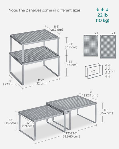 SONGMICS Spice Racks, Set of 4 Metal Cabinet Shelf Organizers, Countertop Organizers, Shelf Risers, Stackable, Expandable, Silver UKCS006S01