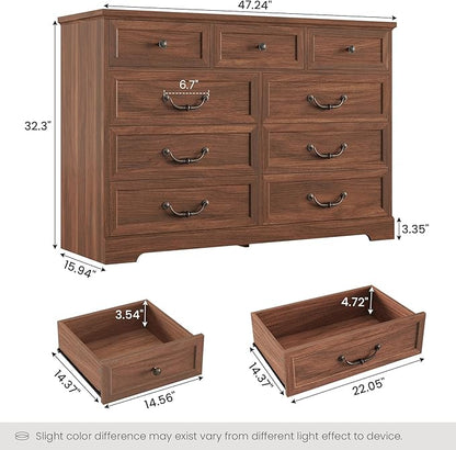 DICTAC Farmhouse 9 Drawers Dresser for Bedroom, Wide Dressers Chest of Drawers, Large Storage Closet Organizer with Natural Texture and Vintage Metal Handle, Wooden Dresser TV Stand for Living Room
