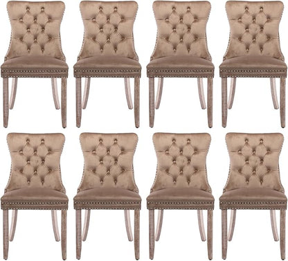 Velvet Upholstered Dining Chairs Set of 8, Modern Style Kitchen Side Chairs with Nailhead Trim and Wood Legs,Metal Pulling Ring for Dining Room Living Room(Khaki)