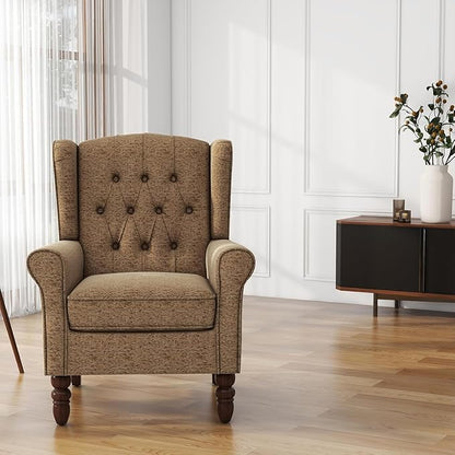 UIXE High Back Accent Chairs Set of 2, Fabric Upholstered Armchair Retro Wingback Arm Chair for Living Room, Comfy Single Sofa Bedroom Retro Reading Seat with Solid Wood Legs - Brown