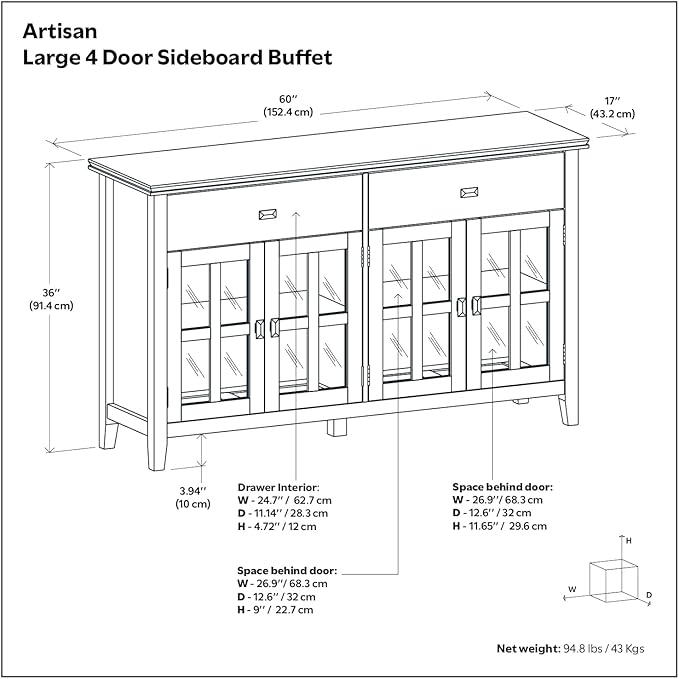 SIMPLIHOME Artisan Buffet - 60 inch Wide Solid Wood 4-Door Sideboard Buffet in Natural Aged Brown, Storage Cabinet for Dining Room or Kitchen with Adjustable Shelves and Square Knobs