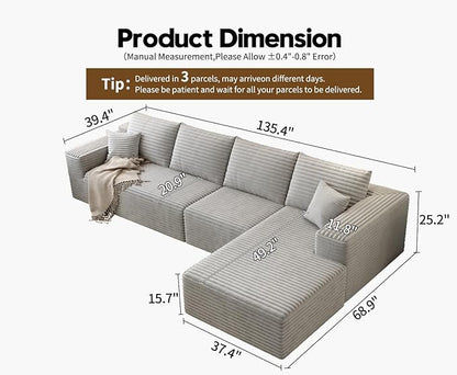 135.4" Cloud Sectional Couch with L-Shape Chaise,Modern Modular Sofa with Deep Seat, Upholstered Couches for Living Room Bedroom Apartments,No Assembly Required, (Grey,Right Facing Chaise)