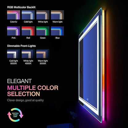 24x36 inch RGB LED Bathroom Mirror with Lights, Colorful Changing Lighted Mirror, Shatterproof Dimmable Anti-Fog LED Vanity Mirror for Bathroom (RGB Backlit + Front-Lit)