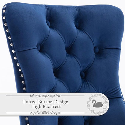 Velvet Upholstered Dining Chairs Set of 4, Modern Style Kitchen Side Chairs with Nailhead Trim and Wood Legs,Metal Pulling Ring for Dining Room Living Room(Blue,Set of 4)
