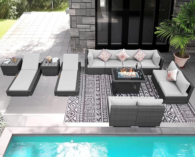 NICESOUL 13Pcs Outdoor Furniture Set with Firepit Table, All-Weather Wicker Modular 10-Seats Patio Sofa with Matching Lounge, 500LBS High Weight Capacity Deep Seated Sectional Couch Set, Light Gray