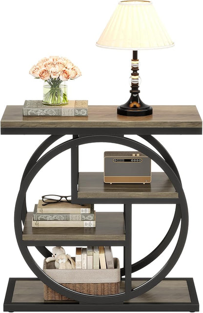 Tribesigns End Table for Living Room, 4-Tier Narrow Side Table with Storage Shelves, Industrial Bedside Table for Bedroom, Wood Small Sofa Side Table with Geometric Metal Frame (1 PC, Grey)