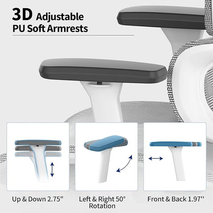 PatioMage Ergonomic Office Chair, Big and Tall Desk Chair with Adjustable Lumbar Support & Seat Depth, High Back Computer Chair, Swivel Mesh Chairs with Wheels for Home Office, White