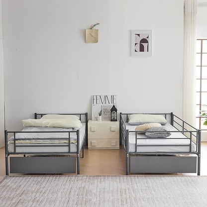 Karl home Grey Bunk Bed Twin Over Twin with 2 Storage Drawers, Metal Bunk Bed with Built-in Ladder and Safety Guardrail, Space-Saving Twin Bunk Beds for Kids, Teens & Adults, No Box Spring Needed