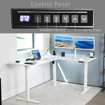 VIVO Corner Standing Desk, 63 x 55 inch Reversible L-Shaped Workstation, Electric Height Adjustment, Home, Office, and Reception Rooms, White Table Top White Frame, DESK-E3CTW