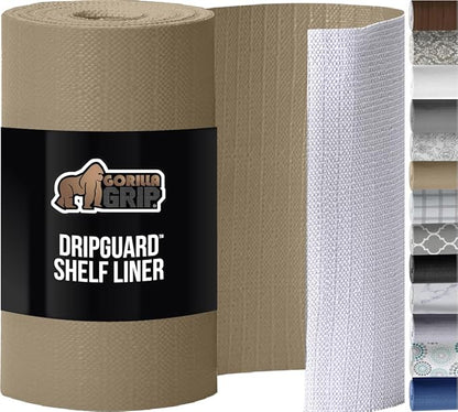 GORILLA GRIP DripGuard Shelf Liner, Non Adhesive Drawer and Kitchen Cabinet Protector, Slip Resistant BPA Free Smooth Surface Plastic Liners for Cabinets, Bathrooms, Closets, 12x240 Inch, Beige