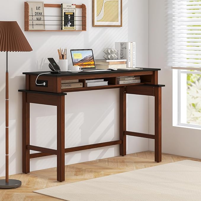 COSTWAY Bar Table with Charging Station, 36” Counter Height Table w/ 3 Storage Compartments, Power Outlets, Modern Farmhouse Console Table for Kitchen, Living Room, Entryway (Black + Walnut)