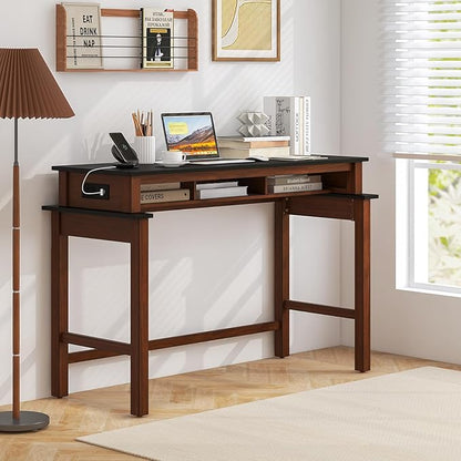COSTWAY Bar Table with Charging Station, 36” Counter Height Table w/ 3 Storage Compartments, Power Outlets, Modern Farmhouse Console Table for Kitchen, Living Room, Entryway (Black + Walnut)