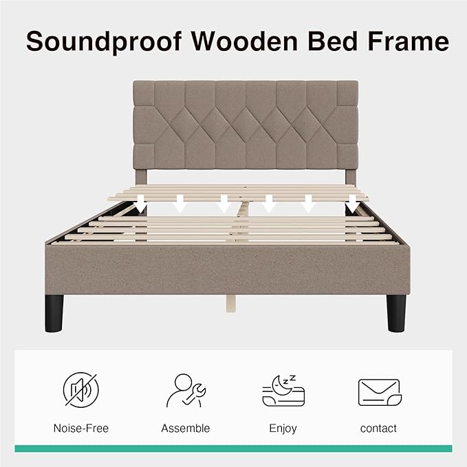 Novilla Full Size Bed Frame, Full Bed Frame with Wood Slats Support, Linen Upholstered Pull-Point Headboard, No Box Spring Needed, Heavy Duty Feet, Easy Assembly, Beige