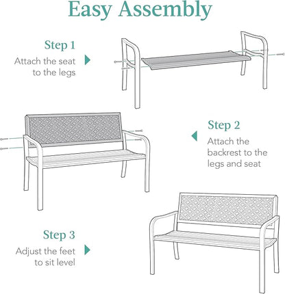 Best Choice Products Outdoor Bench 2-Person Metal Steel Benches Furniture for Garden, Patio, Porch, Entryway w/Geometric Backrest, 790lb Capacity - Ivory