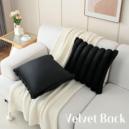 FUTEI Black Decorative Throw Pillow Covers 26x26 Inch Set of 2, Square Soft Faux Rabbit Fur Thick Striped Euro Pillow Shams,Winter Home Decor for Couch Bed Living Room