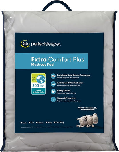 Serta Air Dry Extra Comfort Plus 100% Cotton Fabric Quilted Mattress Pad, Cooling and Breathable Mattress Cover, Moisture Wicking Protection with 18" Deep Pocket, Full, White