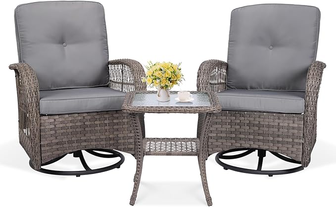 VIVIJASON 3-Piece Outdoor Conversation Bistro Set, Patio Swivel Glider Rocking Chairs Rattan Furniture Sets w/ 2 Rattan Chairs, Glass Top Side Table for Porch Backyard, Gray Wicker & Gray Cushions