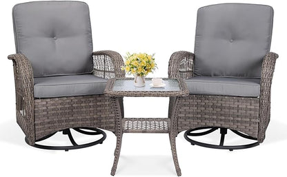VIVIJASON 3-Piece Outdoor Conversation Bistro Set, Patio Swivel Glider Rocking Chairs Rattan Furniture Sets w/ 2 Rattan Chairs, Glass Top Side Table for Porch Backyard, Gray Wicker & Gray Cushions