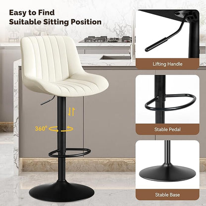 Nalupatio Bar Stools Set of 2, Adjustable Modern Swivel Bar Stools with Backs, Counter Height Performance Fabric Island Chairs for Home Kitchen, Off-White